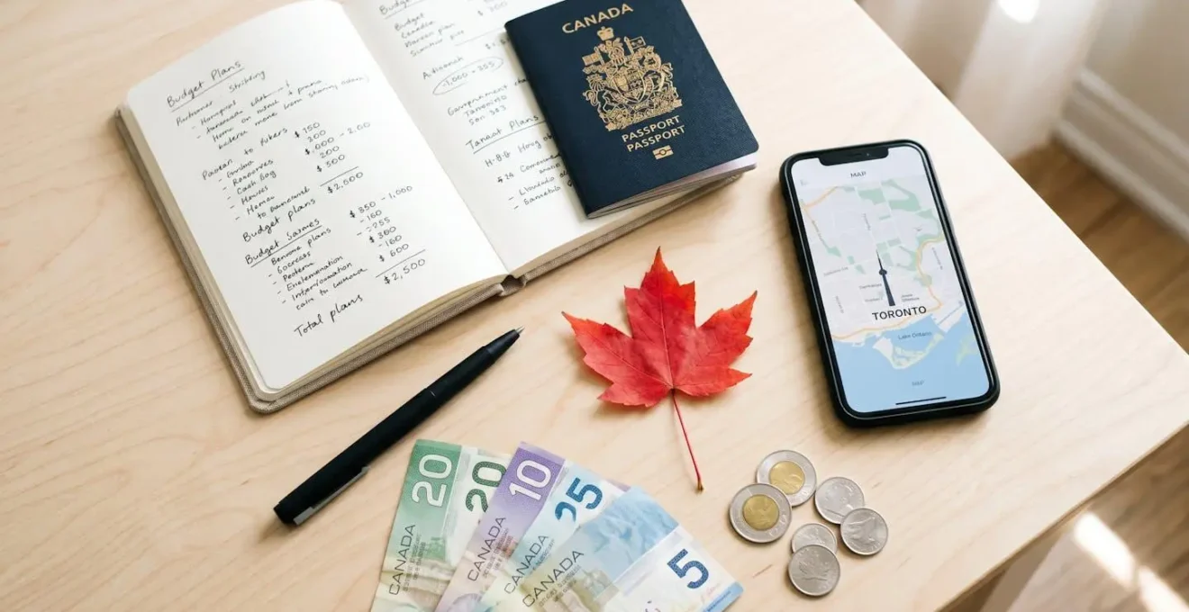 Colonnes de pièces canadiennes et européennes formant une skyline abstraite avec avions en origami de billets sur fond dégradé pastel