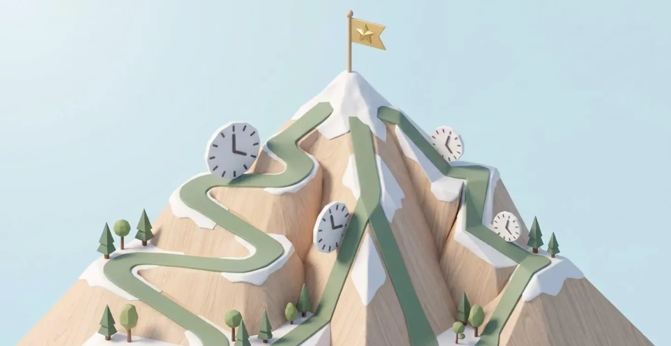 Illustration isométrique de trois sentiers de montagne avec pentes différentes menant au même sommet étoilé, parsemés d'horloges symbolisant les rythmes d'apprentissage