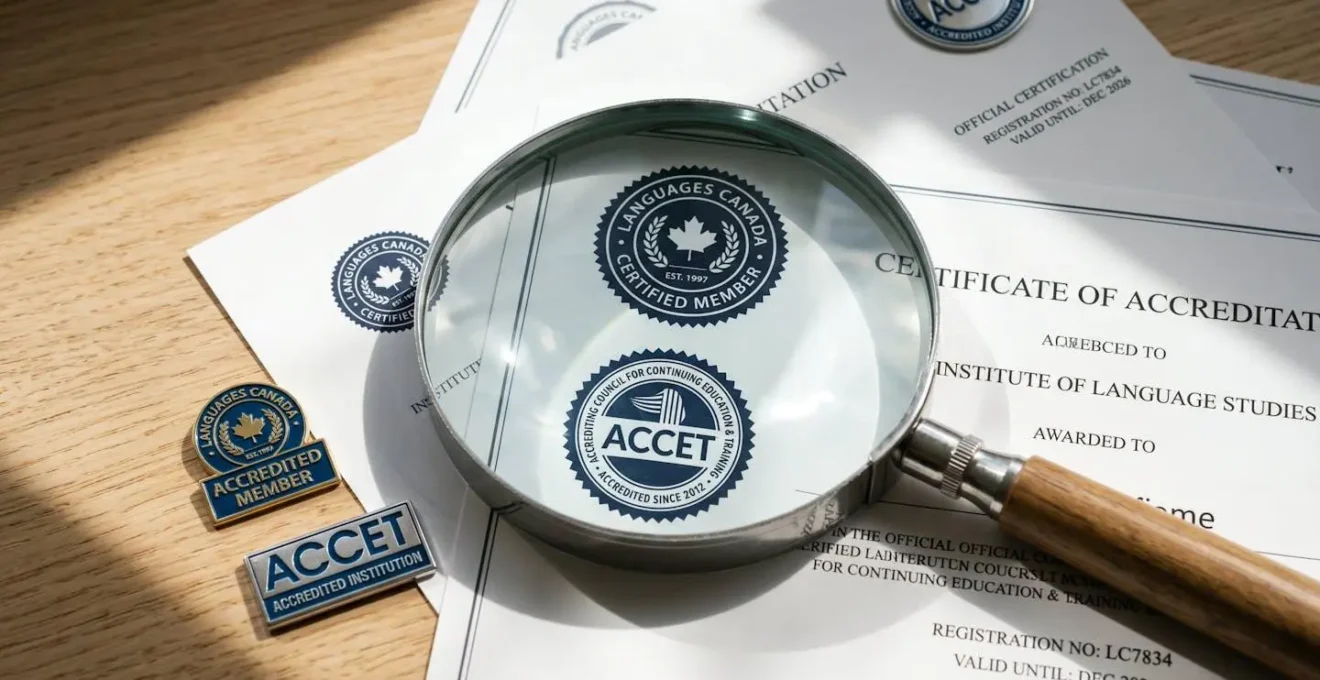 Loupe grossissant des certificats d'accréditation Languages Canada et ACCET sur surface en bois avec ombres graphiques