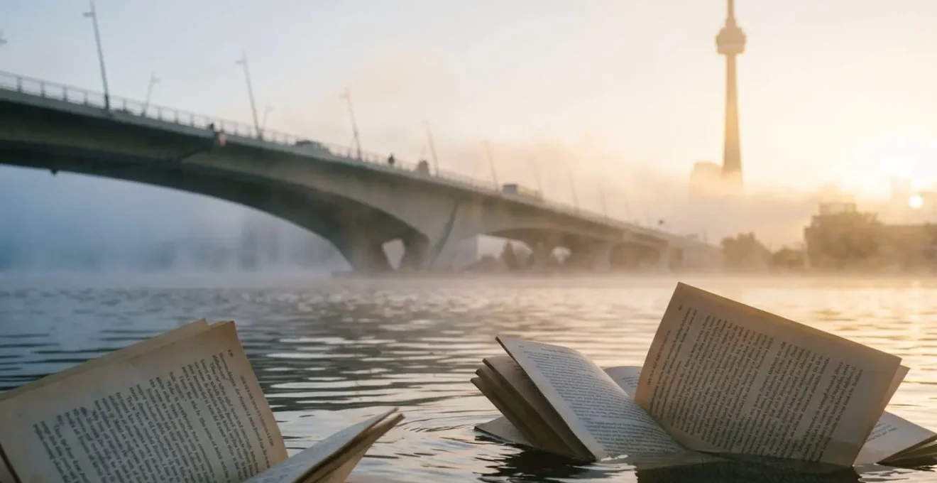 Pont moderne émergeant de la brume avec livres en anglais flottant au-dessus de l'eau et silhouette de la CN Tower en arrière-plan au lever du soleil